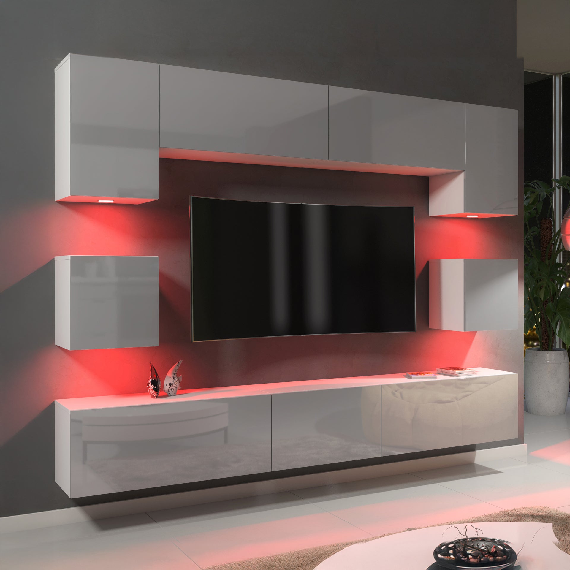 Wall Unit – High Gloss Doors – Free LED Lighting – Floating TV Cabinet Set – NOVA