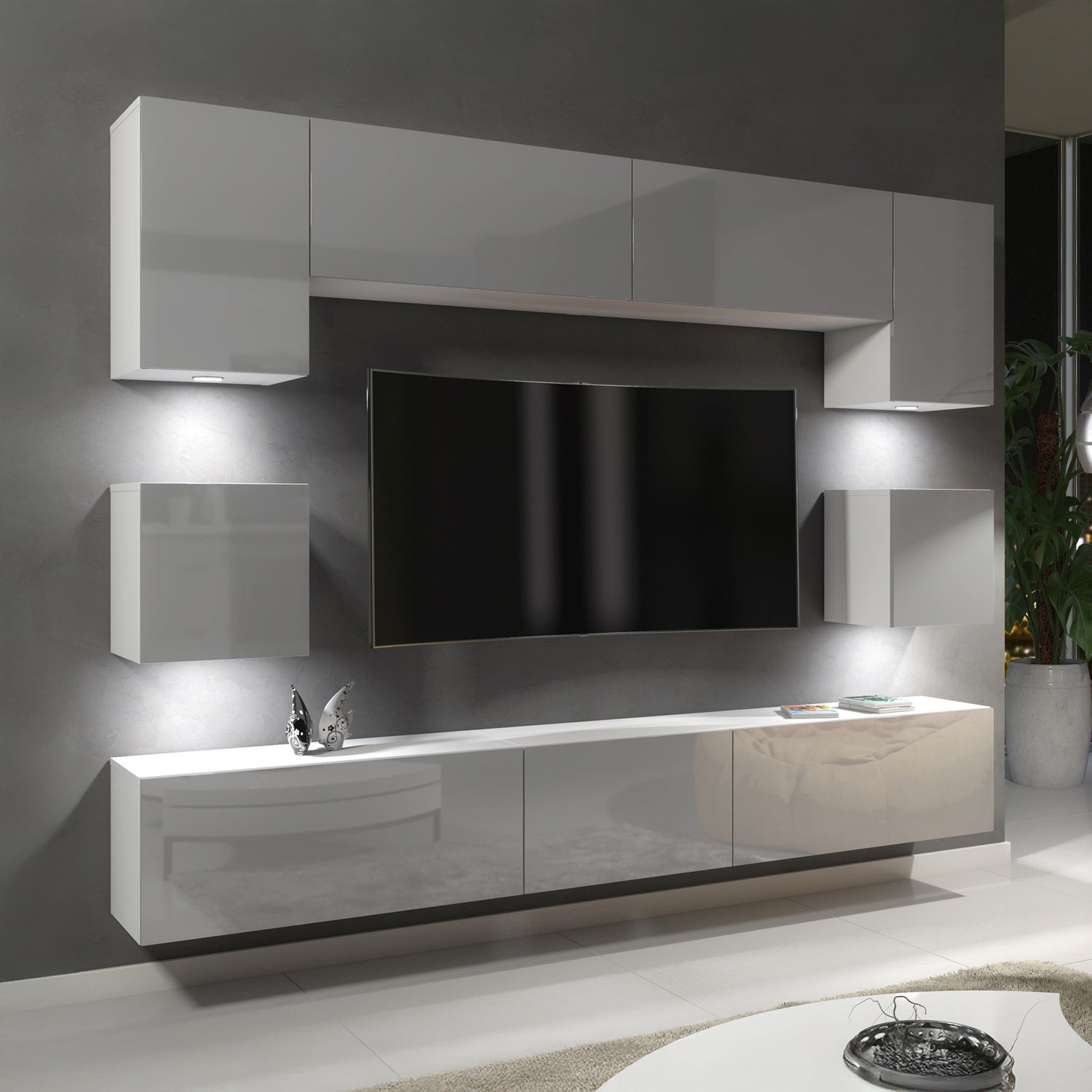 Wall Unit – High Gloss Doors – Free LED Lighting – Floating TV Cabinet Set – NOVA