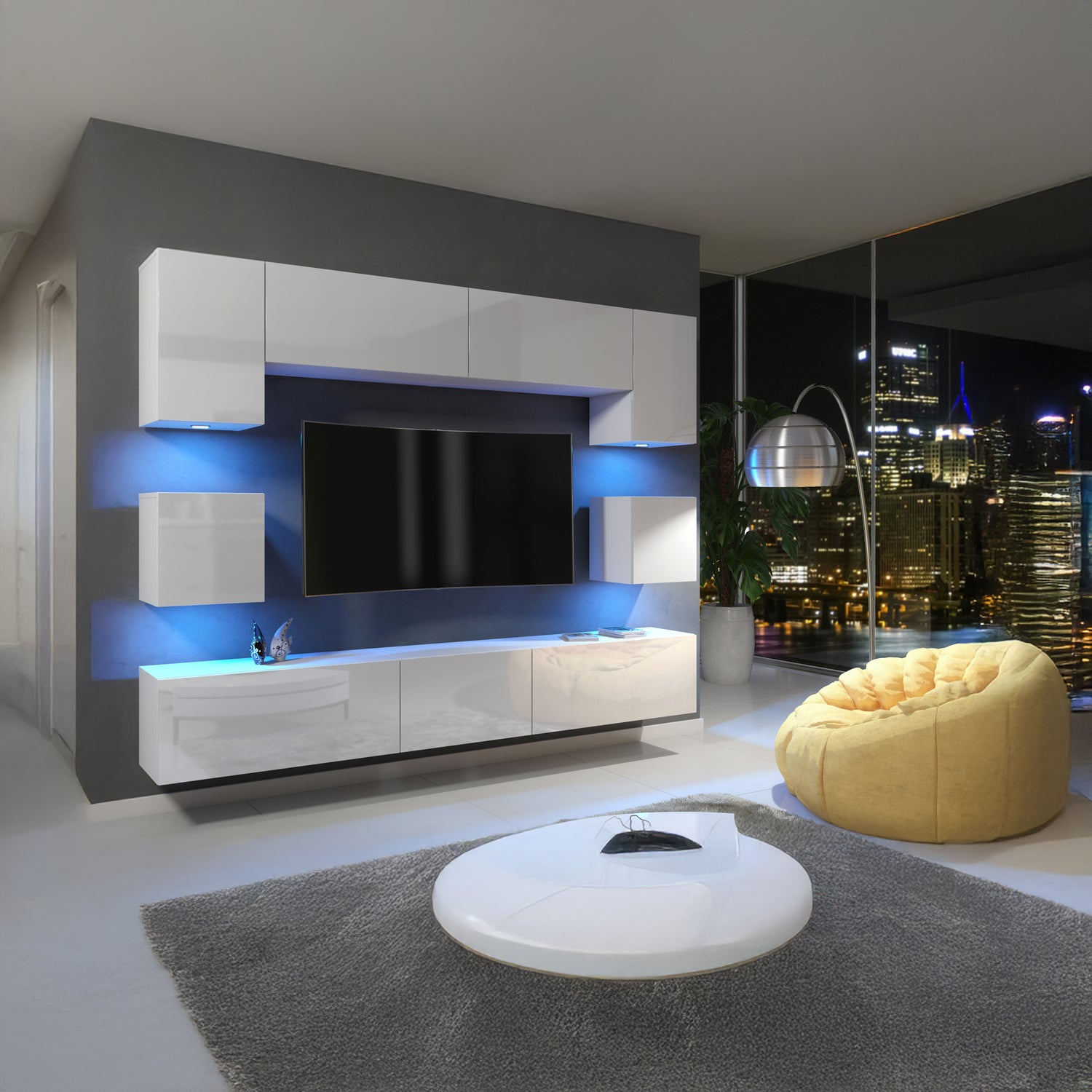Wall Unit – High Gloss Doors – Free LED Lighting – Floating TV Cabinet Set – NOVA