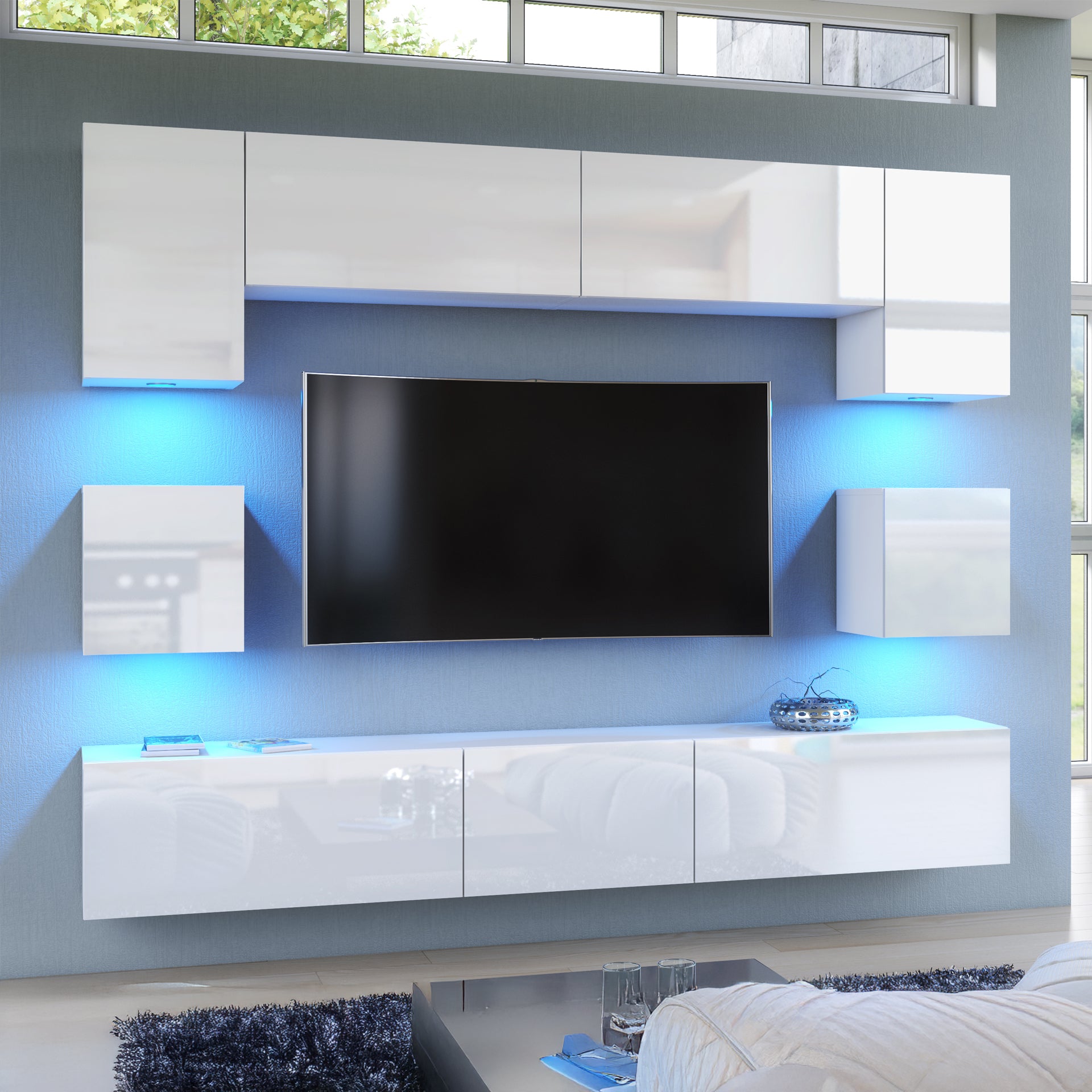 Wall Unit – High Gloss Doors – Free LED Lighting – Floating TV Cabinet Set – NOVA