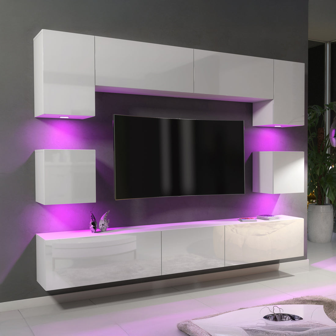 Wall Unit – High Gloss Doors – Free LED Lighting – Floating TV Cabinet Set – NOVA