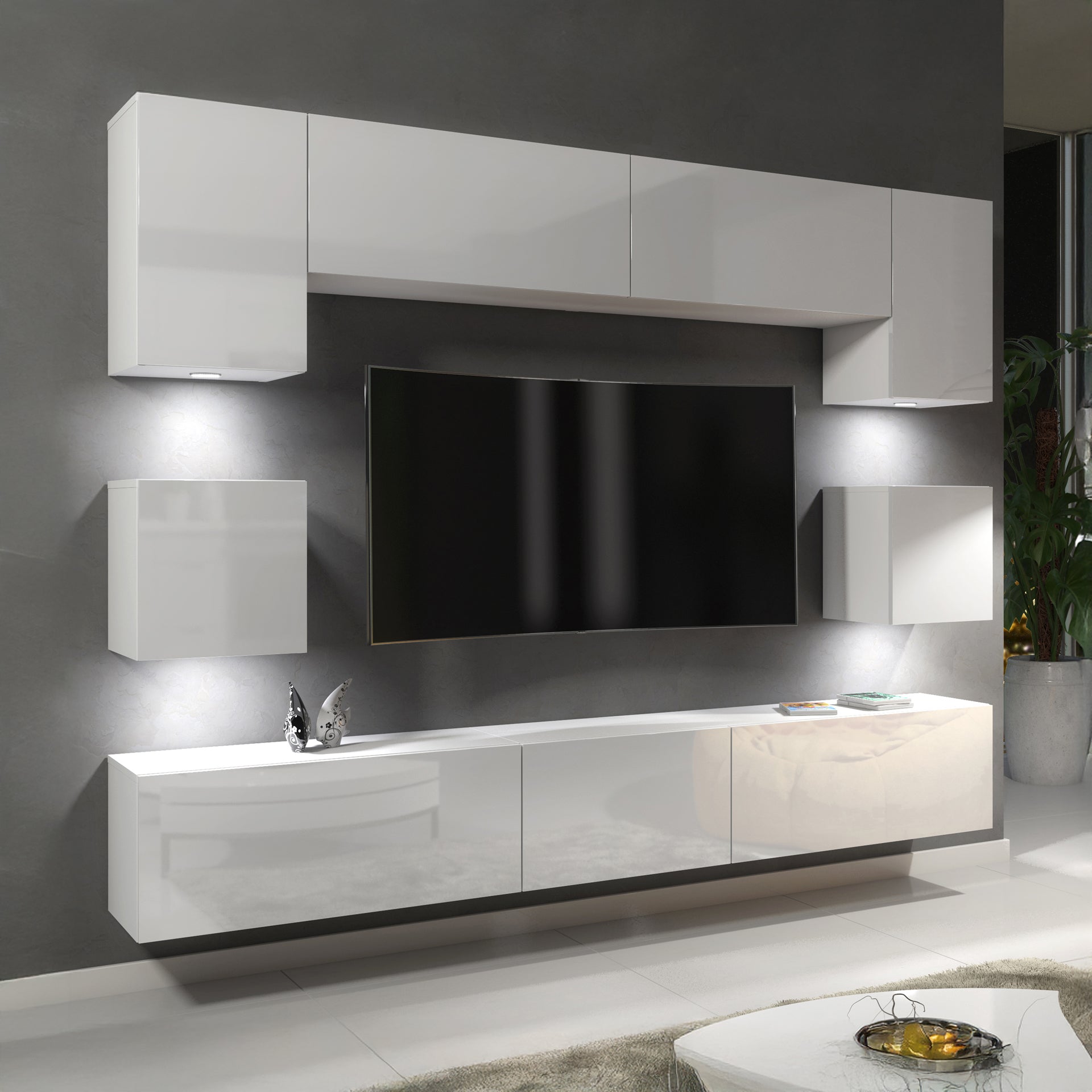 Wall Unit – High Gloss Doors – Free LED Lighting – Floating TV Cabinet Set – NOVA