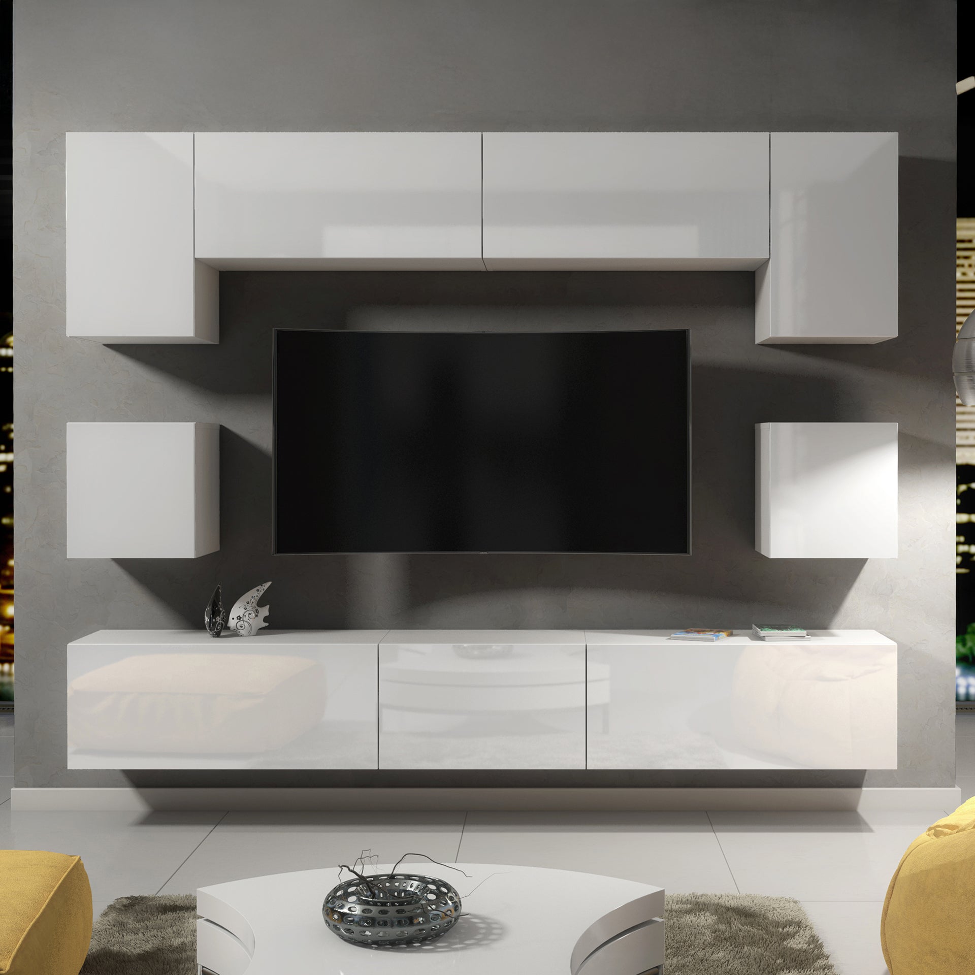 Wall Unit – High Gloss Doors – Free LED Lighting – Floating TV Cabinet Set – NOVA