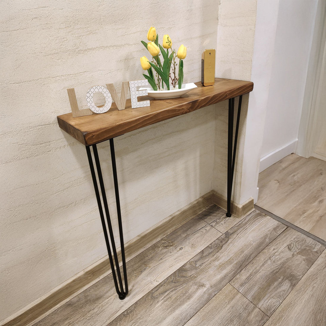 Rustic Console Table 145mm Hairpin 3R 711mm Medium Oak