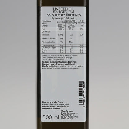Linseed / Flaxseed oil for Dr Budwig diet, cold-pressed and crude Ol’Vita