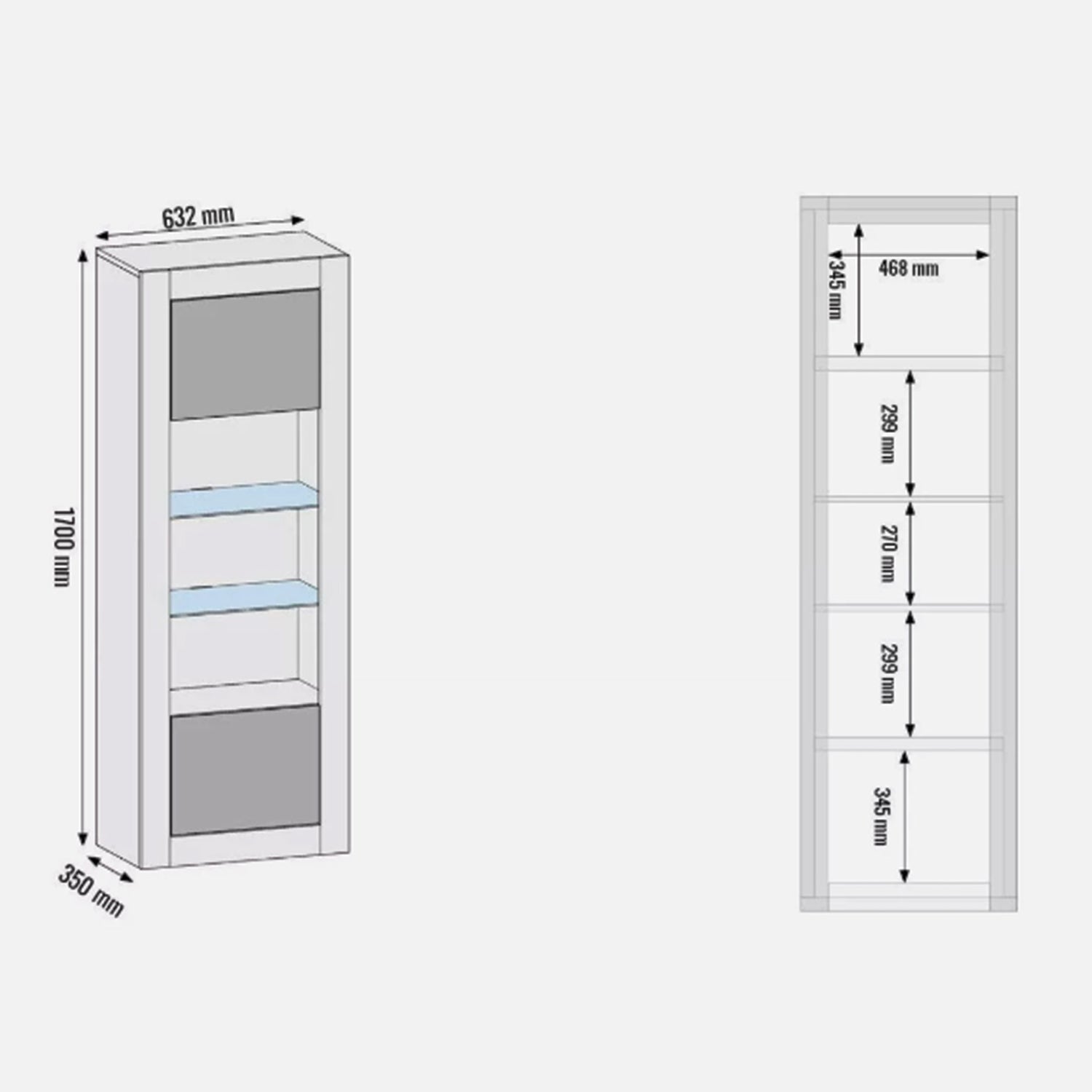 LUNARO Display Cabinet – 170cm – High Gloss Doors – LED or Non-LED – Tall Modern Unit