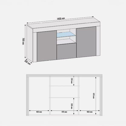 Sideboard – 145cm – High Gloss Doors – LED or Non-LED – Modern Sideboard Cabinet – LUNARO