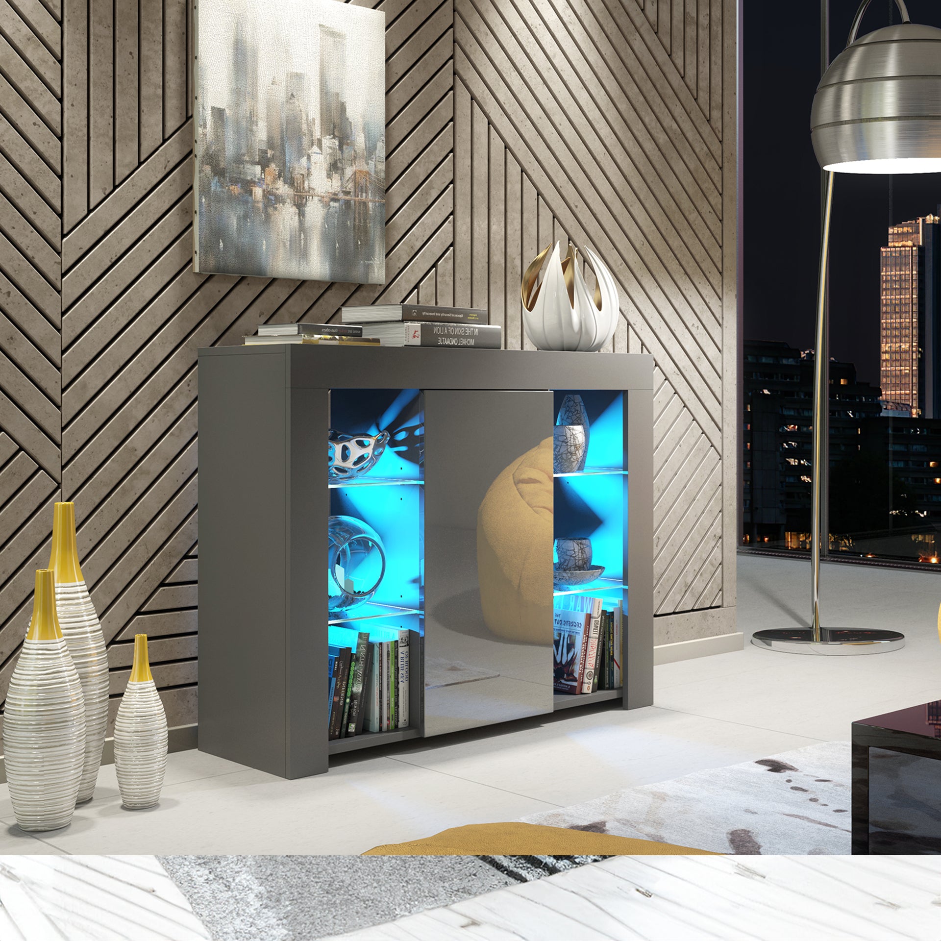 Modern Sideboard Cabinet | 97.5cm | High Gloss Door | LED or Non-LED | Black, Dark Grey, Oak &amp; Black, Oak &amp; White, White &amp; Grey, White
