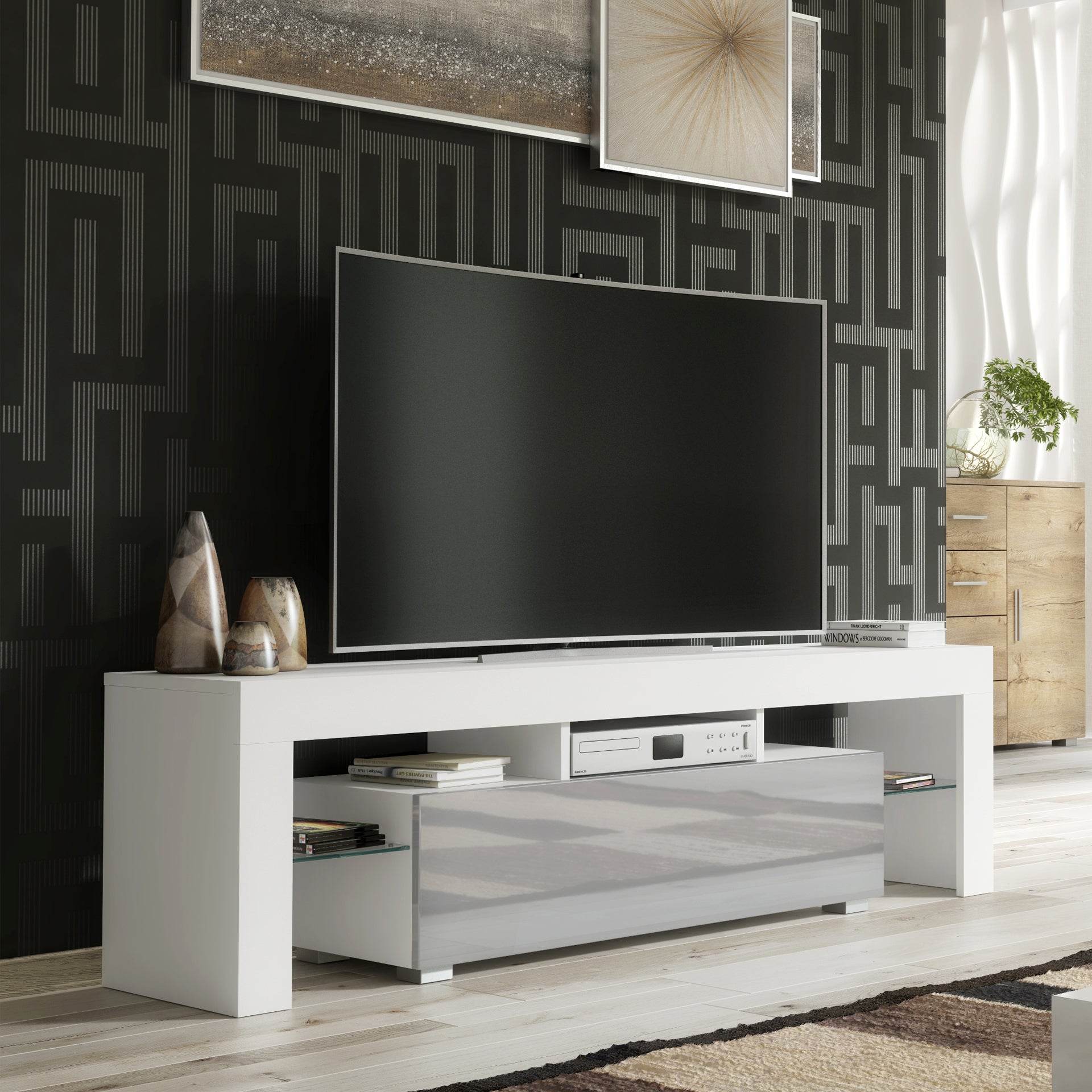 TV Stand – 160cm – High Gloss Doors – LED or Non-LED – Modern Media Unit – LUNARO