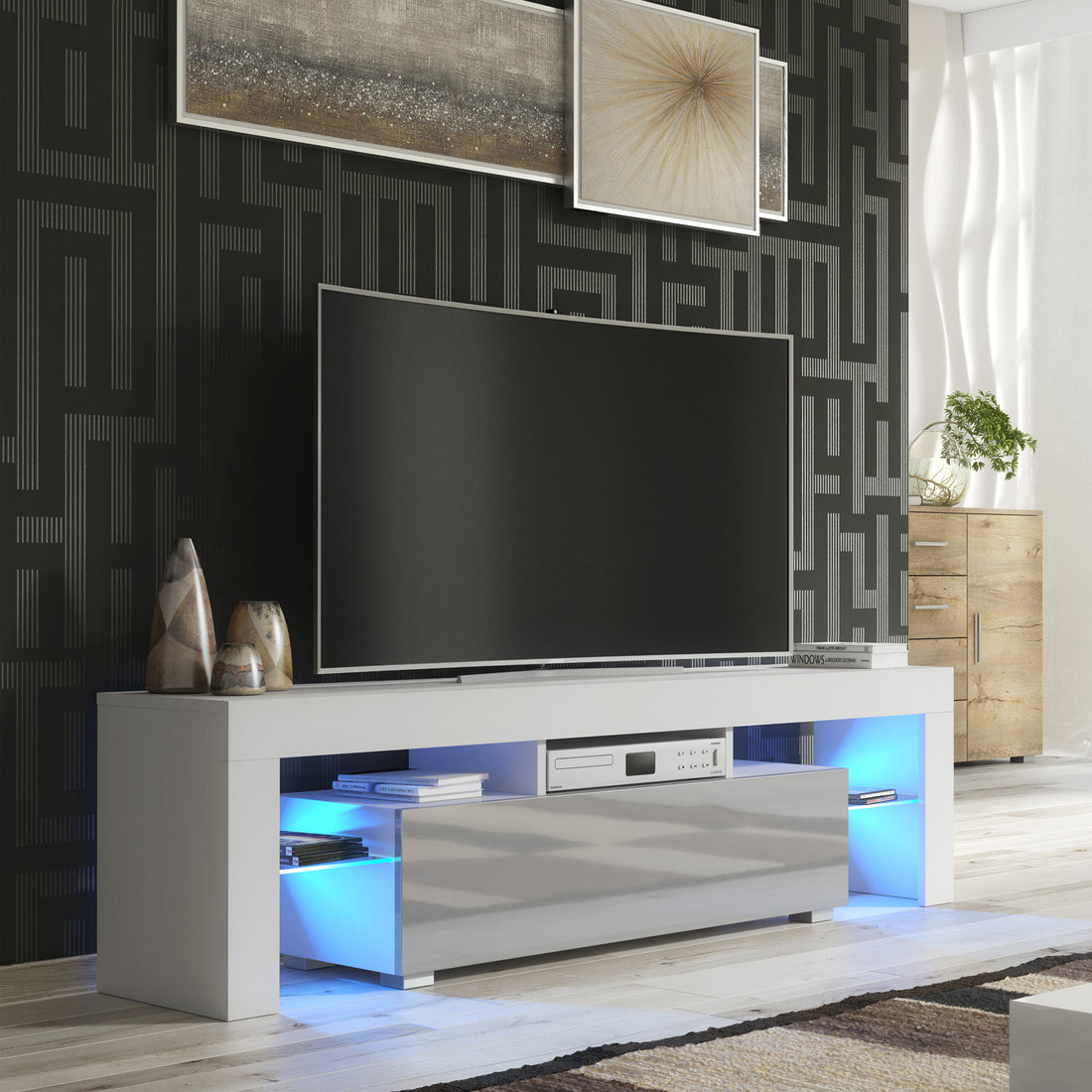 TV Stand – 160cm – High Gloss Doors – LED or Non-LED – Modern Media Unit – LUNARO